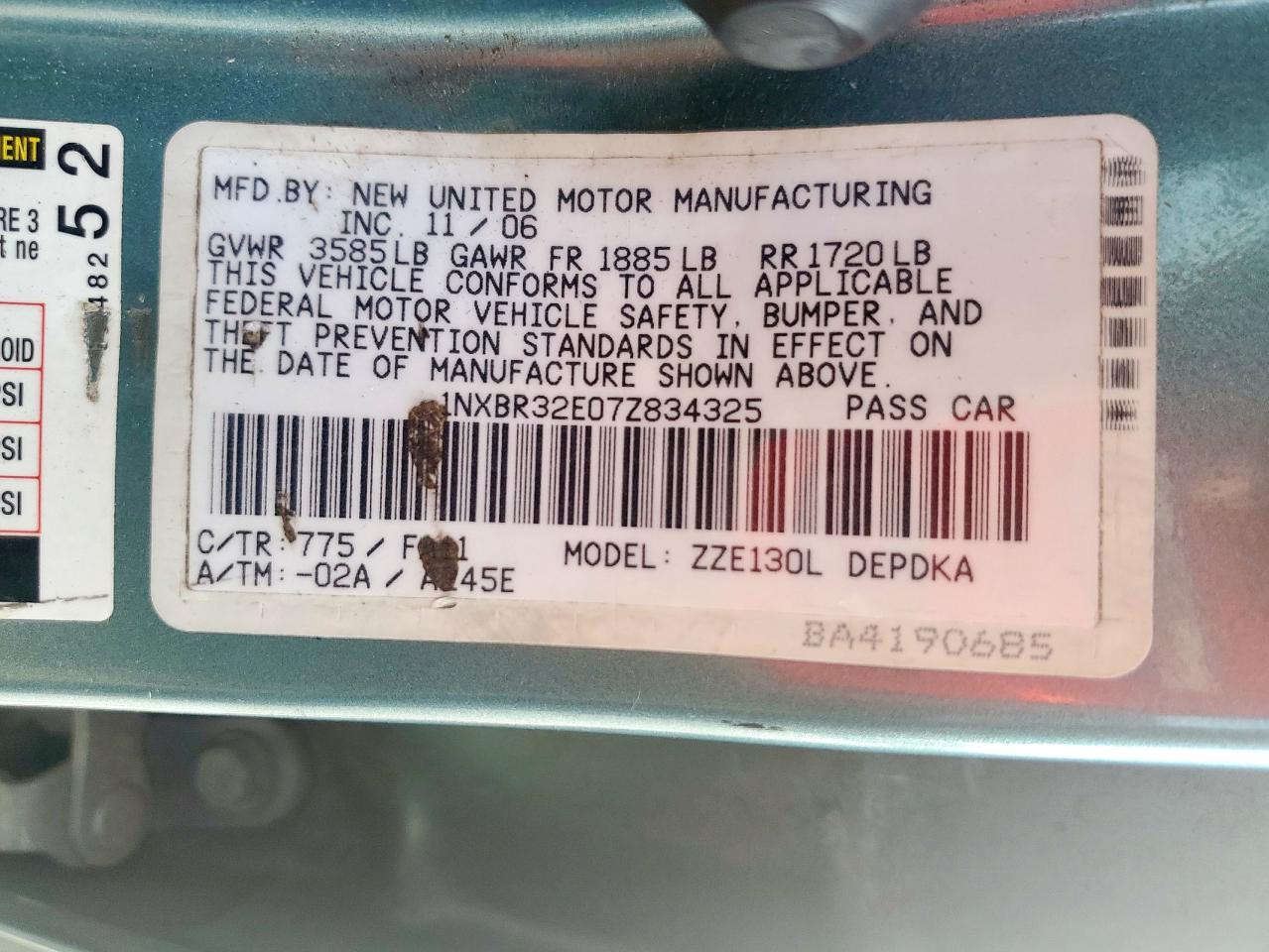 2007 Toyota Corolla Ce VIN: 1NXBR32E07Z834325 Lot: 82304325