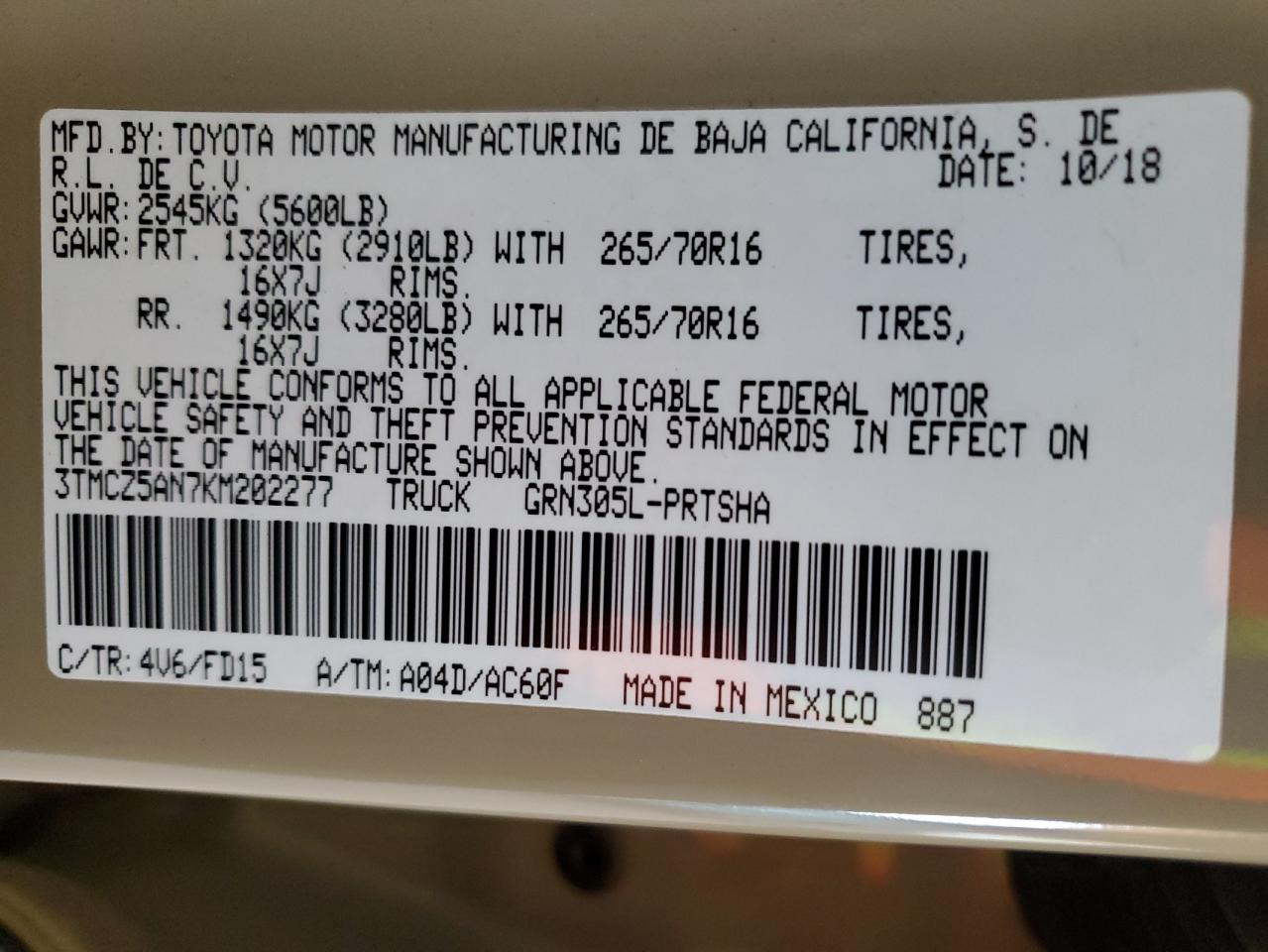 2019 Toyota Tacoma Double Cab VIN: 3TMCZ5AN7KM202277 Lot: 84579625