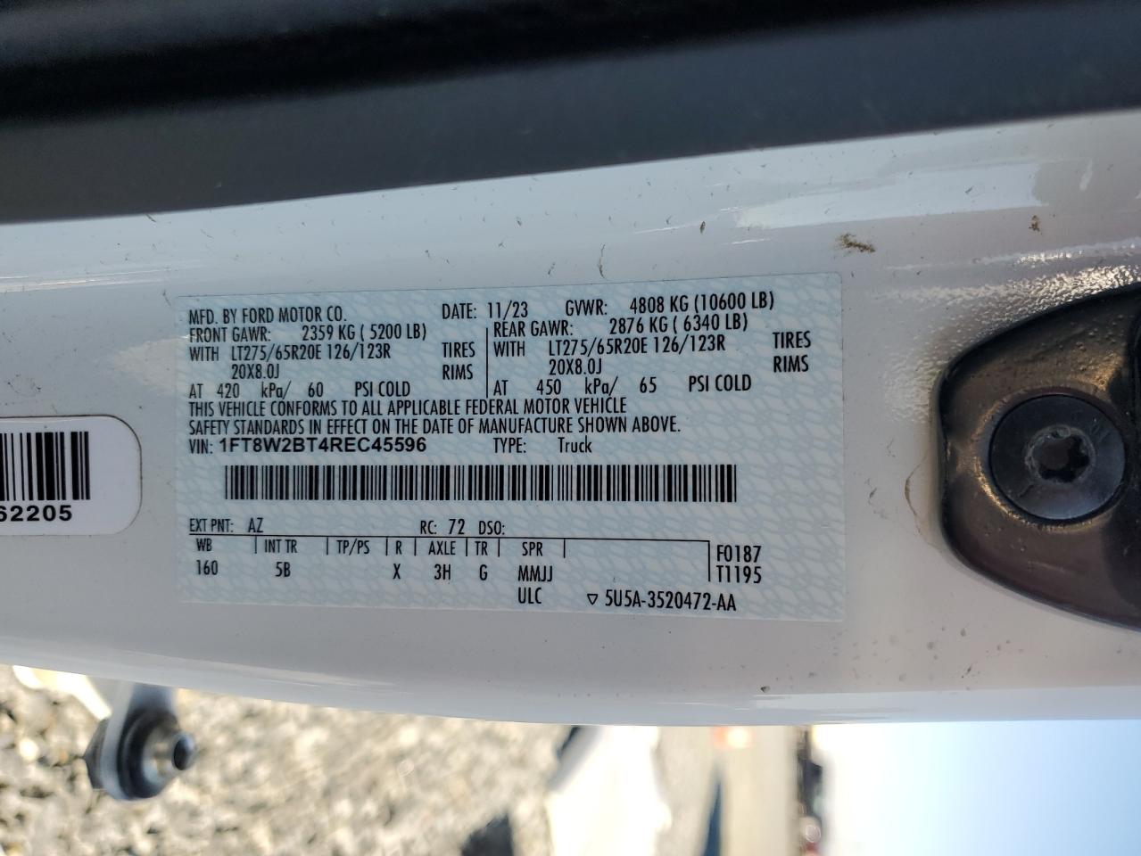 2024 Ford F250 Super Duty VIN: 1FT8W2BT4REC45596 Lot: 86313725