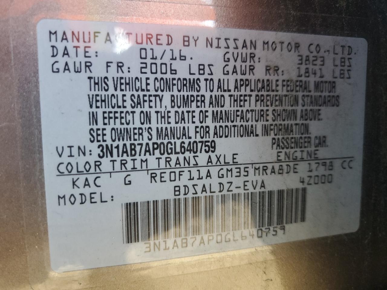 2016 Nissan Sentra S VIN: 3N1AB7AP0GL640759 Lot: 84586015