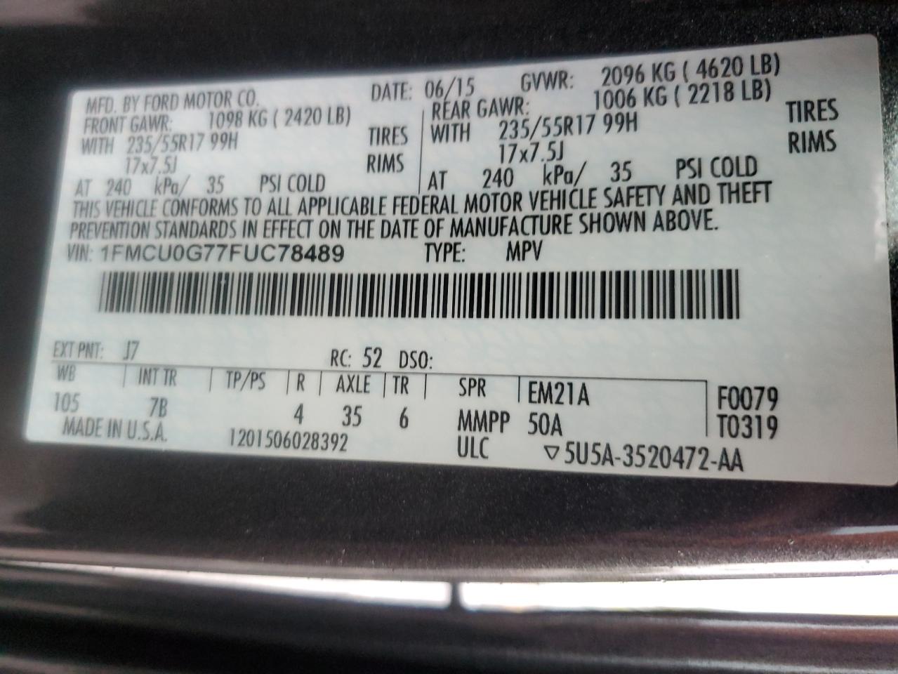 2015 Ford Escape Se VIN: 1FMCU0G77FUC78489 Lot: 82436615