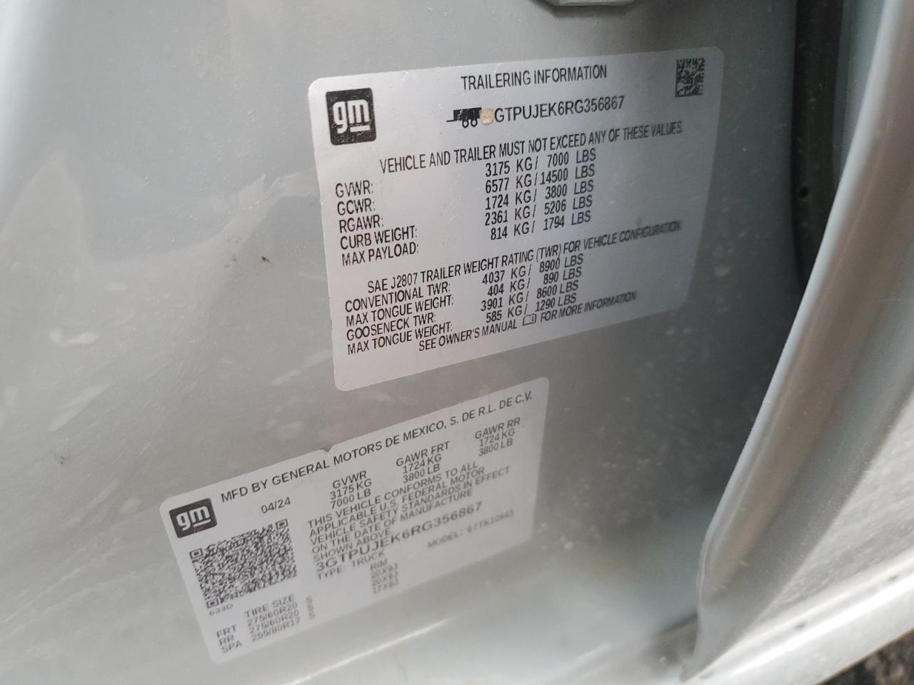 2024 GMC Sierra K1500 Elevation-L VIN: 3GTPUJEK6RG356867 Lot: 85750885