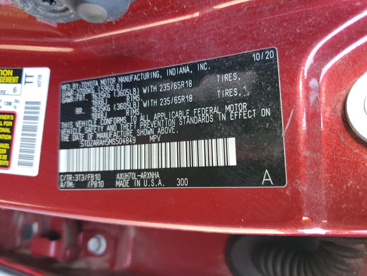 2021 Toyota Highlander Hybrid Le VIN: 5TDZARAH5MS504849 Lot: 87461475