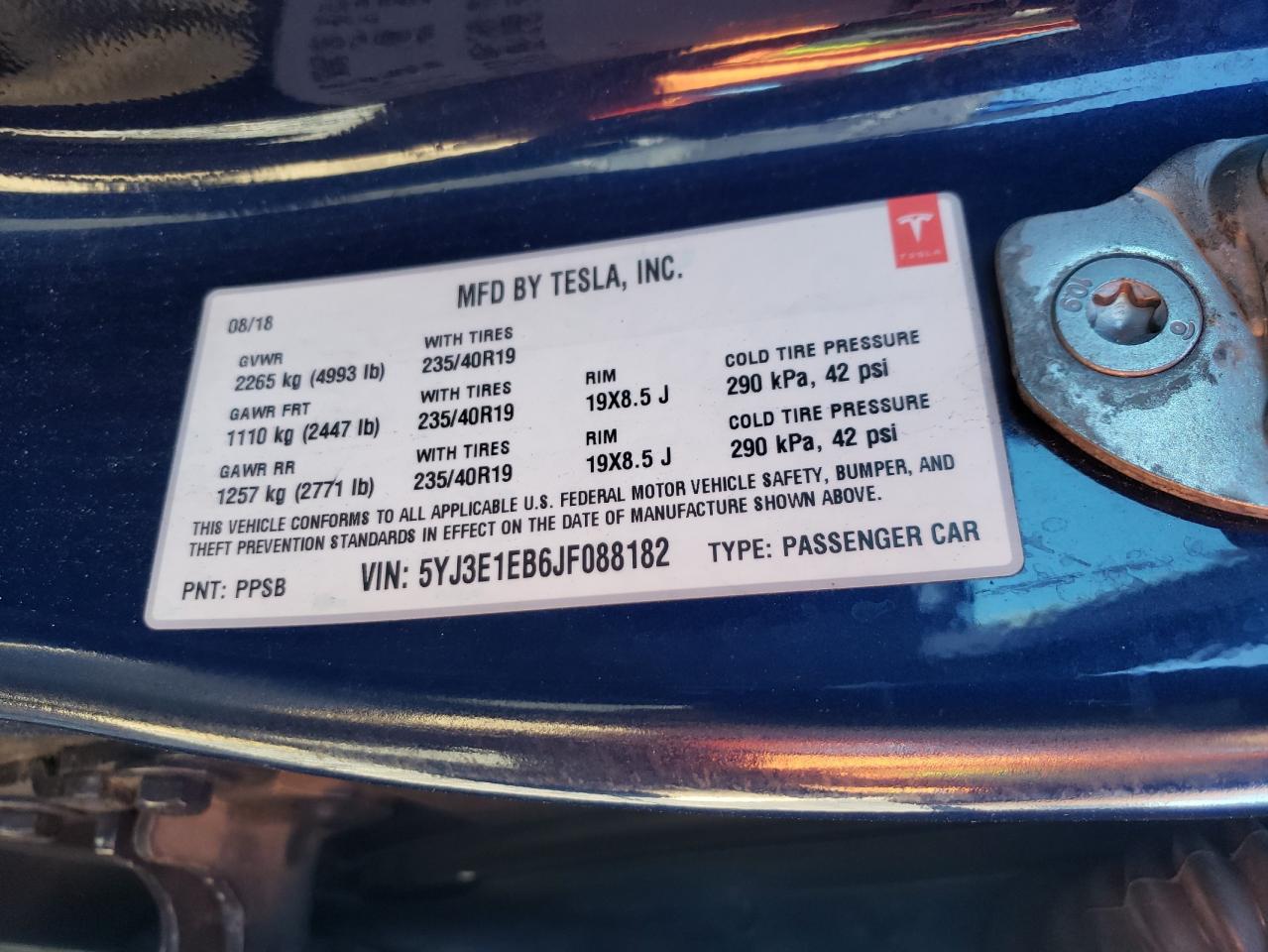 2018 Tesla Model 3 VIN: 5YJ3E1EB6JF088182 Lot: 85272545
