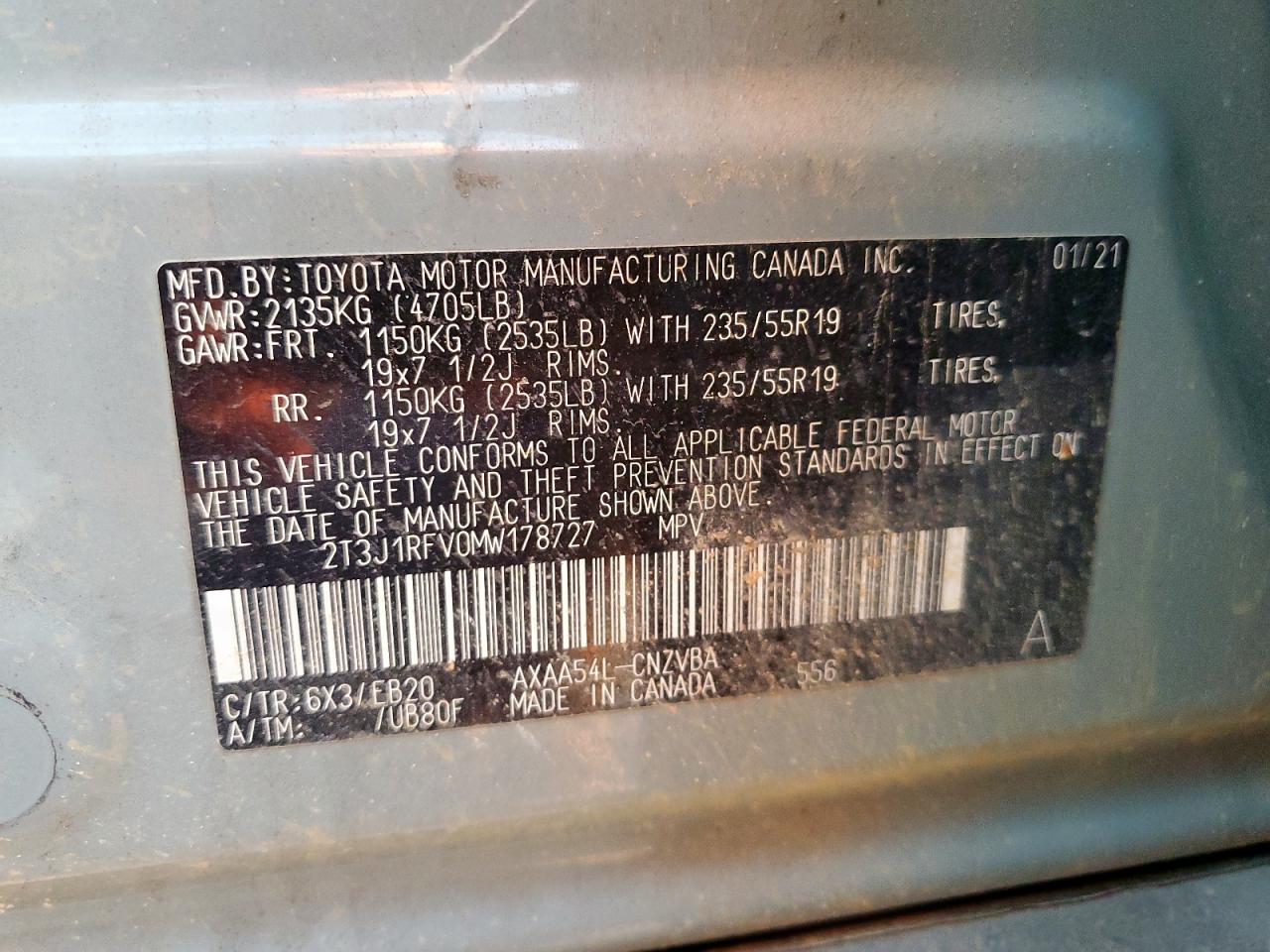 2021 Toyota Rav4 Adventure VIN: 2T3J1RFV0MW178727 Lot: 85198655