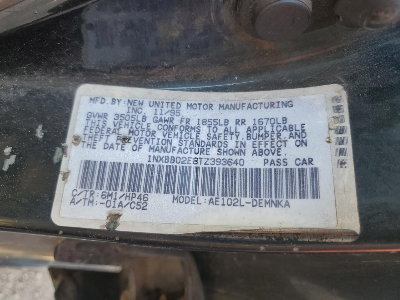 1996 Toyota Corolla Dx VIN: 1NXBB02E8TZ393640 Lot: 85183485