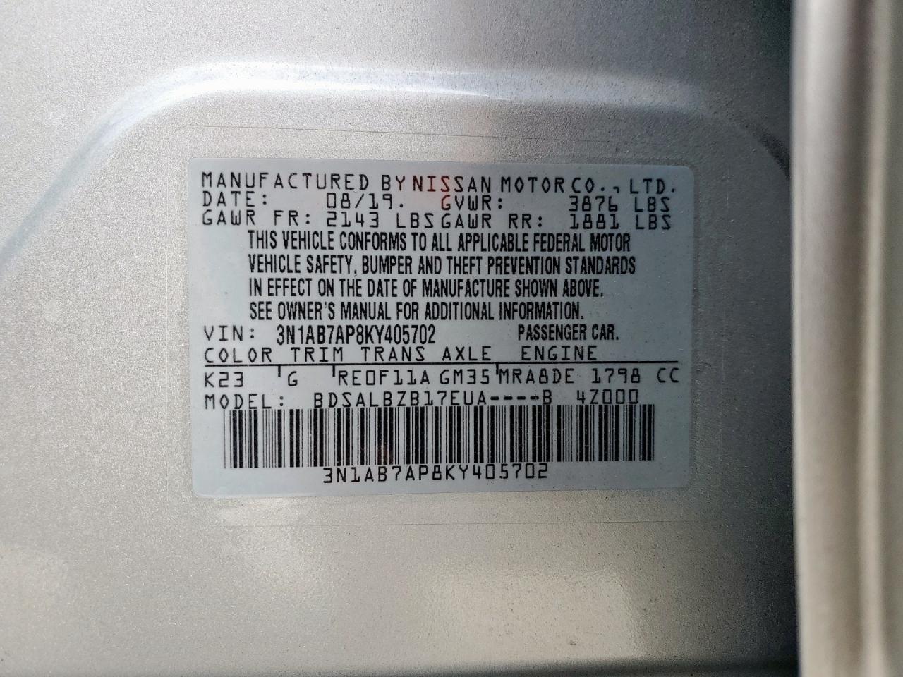 2019 Nissan Sentra S VIN: 3N1AB7AP8KY405702 Lot: 82326035