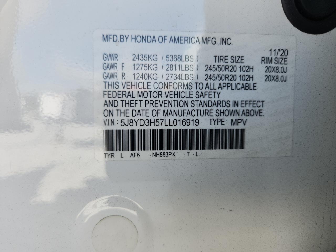 2020 Acura Mdx Technology VIN: 5J8YD3H57LL016919 Lot: 86536165