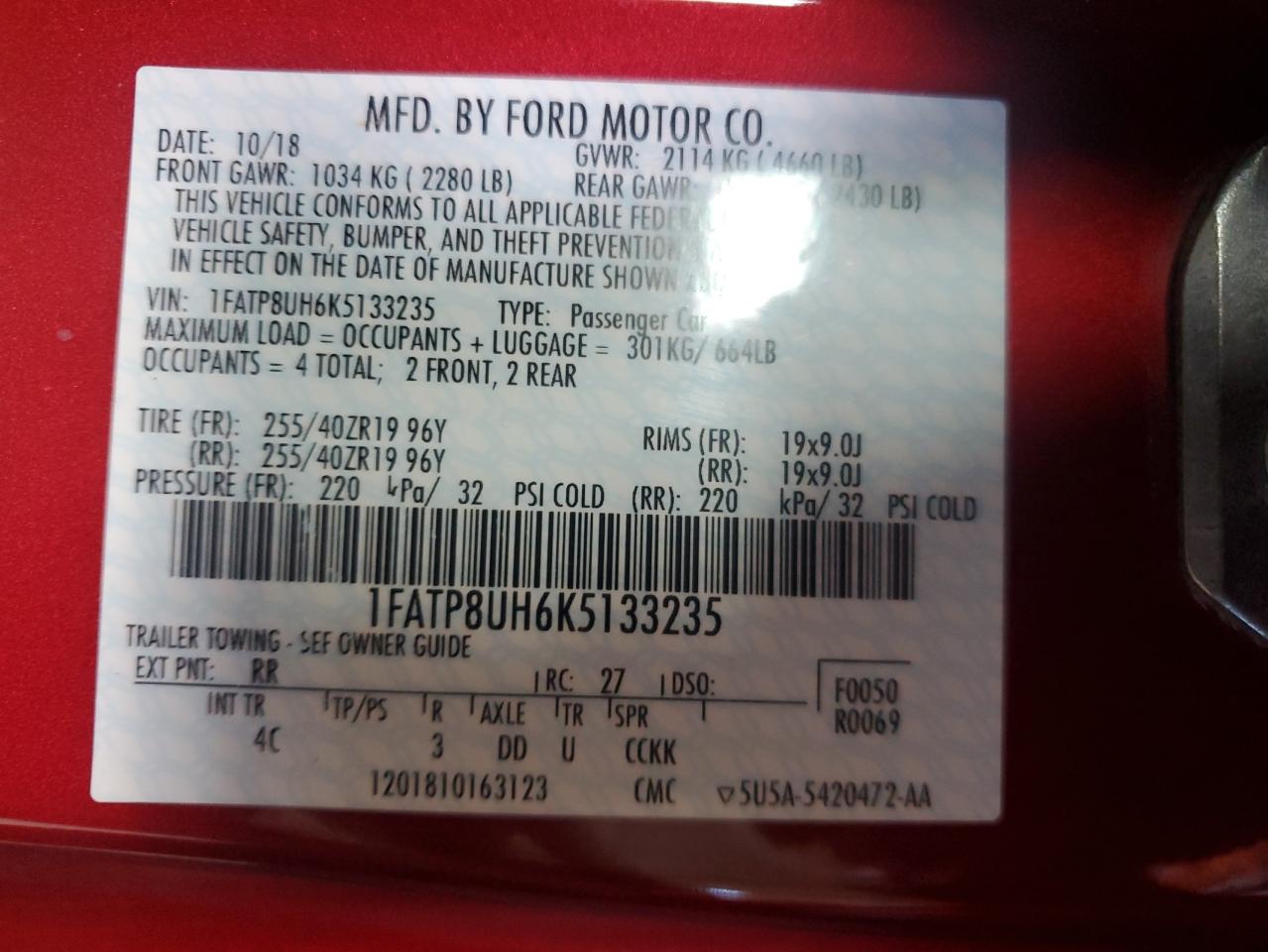 2019 Ford Mustang VIN: 1FATP8UH6K5133235 Lot: 85730955