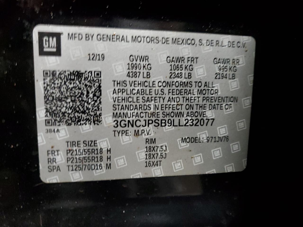 2020 Chevrolet Trax 1Lt VIN: 3GNCJPSB9LL232077 Lot: 89828145