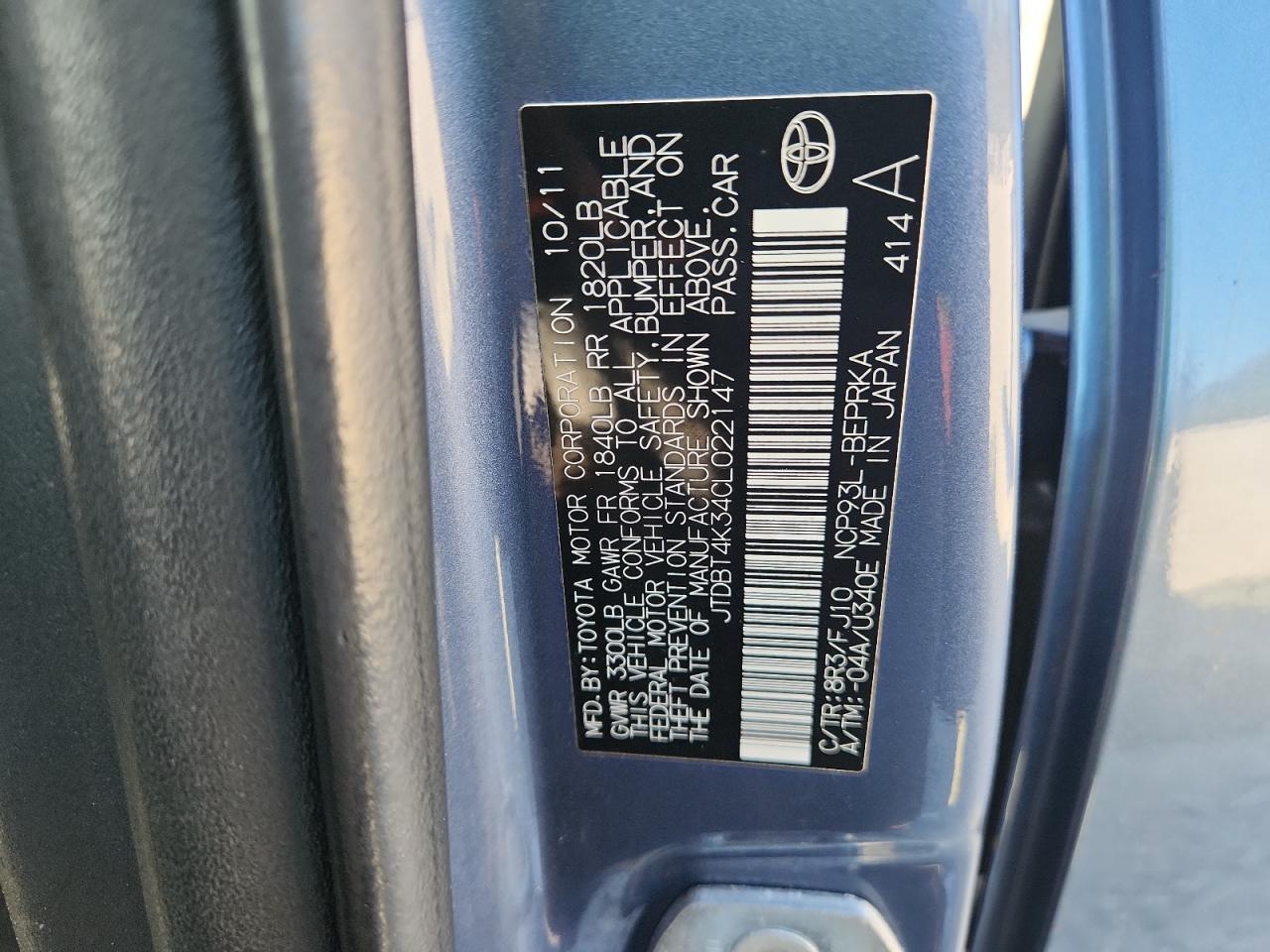 2012 Toyota Yaris VIN: JTDBT4K34CL022147 Lot: 82464555