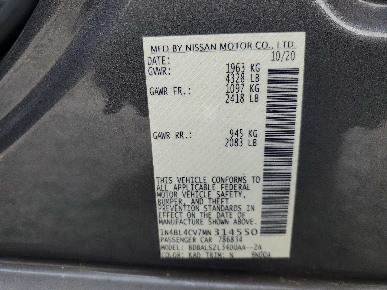 2021 Nissan Altima Sr VIN: 1N4BL4CV7MN314550 Lot: 82214785