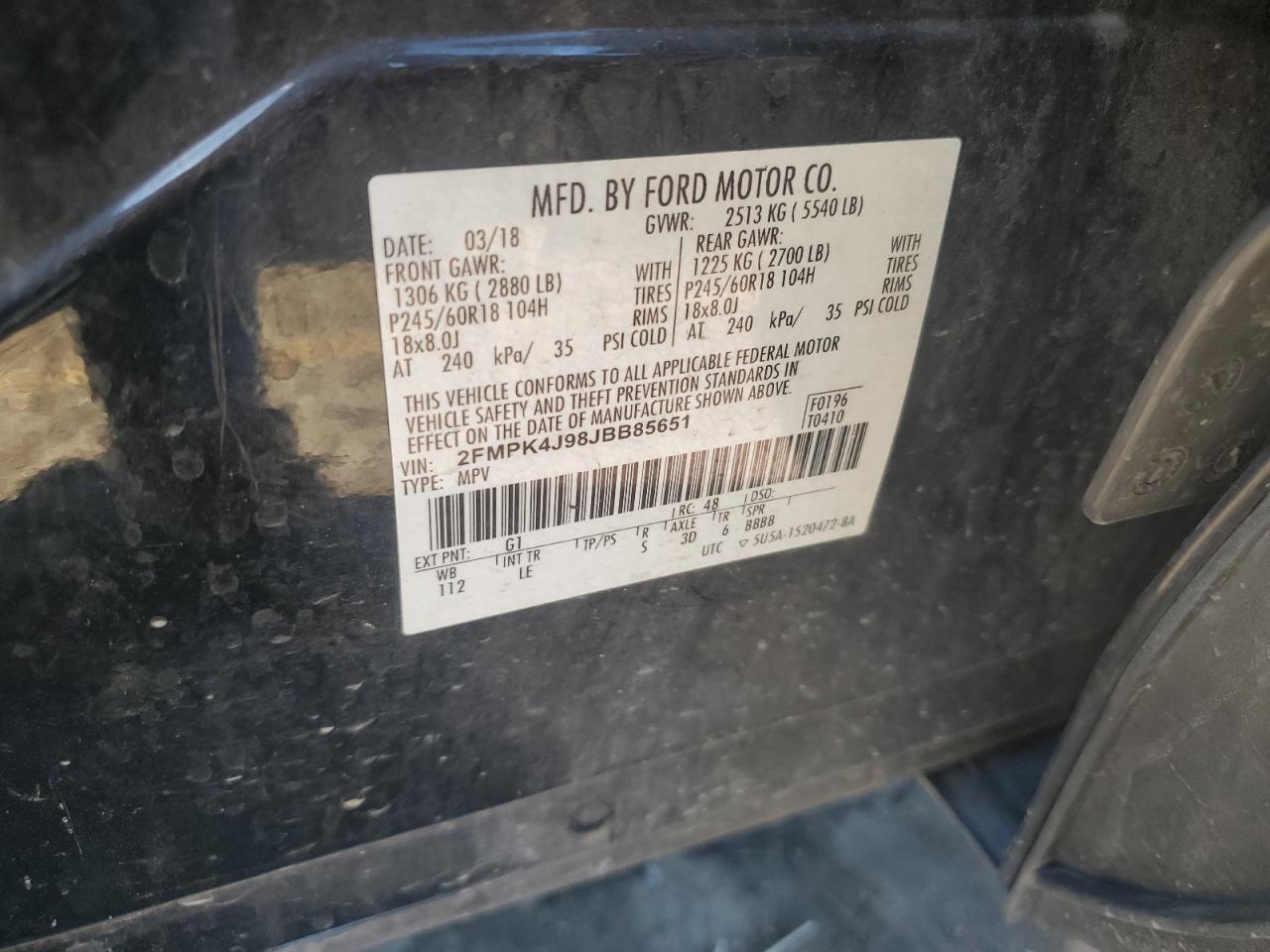 2018 Ford Edge Sel VIN: 2FMPK4J98JBB85651 Lot: 85821135