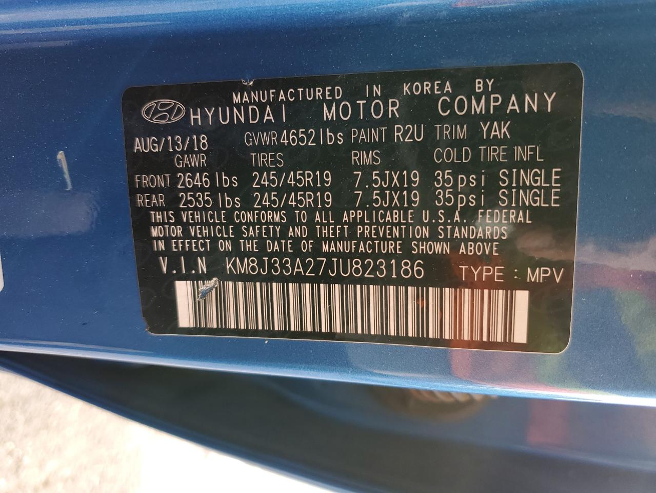 2018 Hyundai Tucson Value VIN: KM8J33A27JU823186 Lot: 86161805