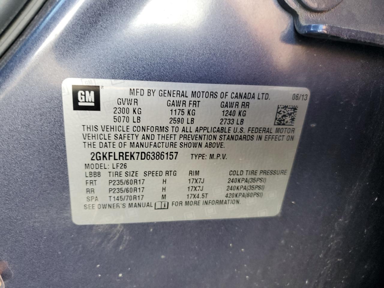 2013 GMC Terrain Sle VIN: 2GKFLREK7D6386157 Lot: 84969125