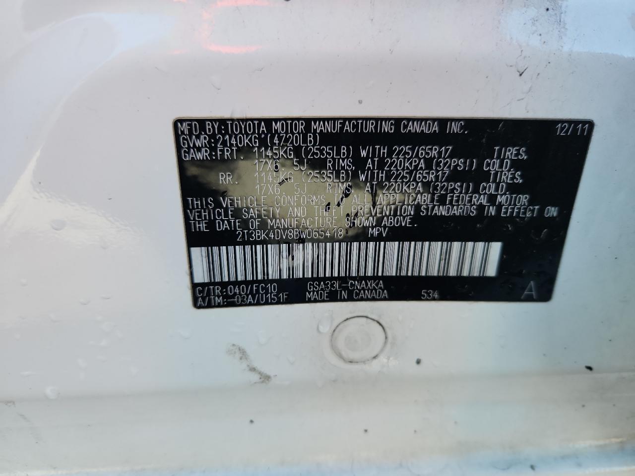 2011 Toyota Rav4 VIN: 2T3BK4DV8BW065418 Lot: 85188385