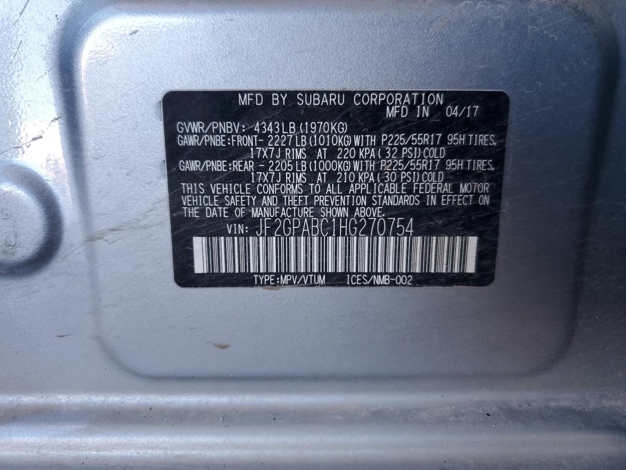 2017 Subaru Crosstrek Premium VIN: JF2GPABC1HG270754 Lot: 84269855