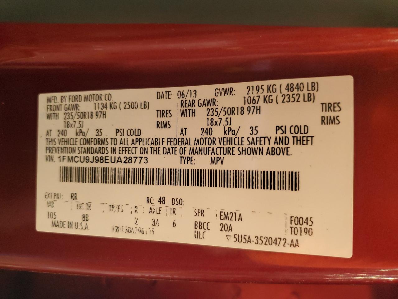 2014 Ford Escape Titanium VIN: 1FMCU9J98EUA28773 Lot: 85586715