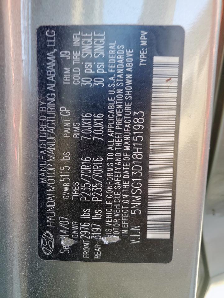 2008 Hyundai Santa Fe Gls VIN: 5NMSG13D18H151983 Lot: 81994645