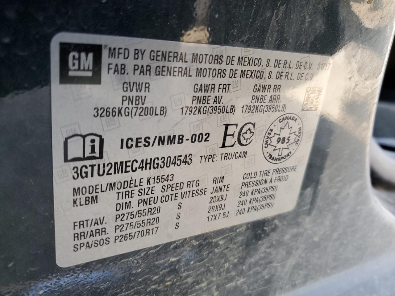 2017 GMC Sierra K1500 Sle VIN: 3GTU2MEC4HG304543 Lot: 86163515