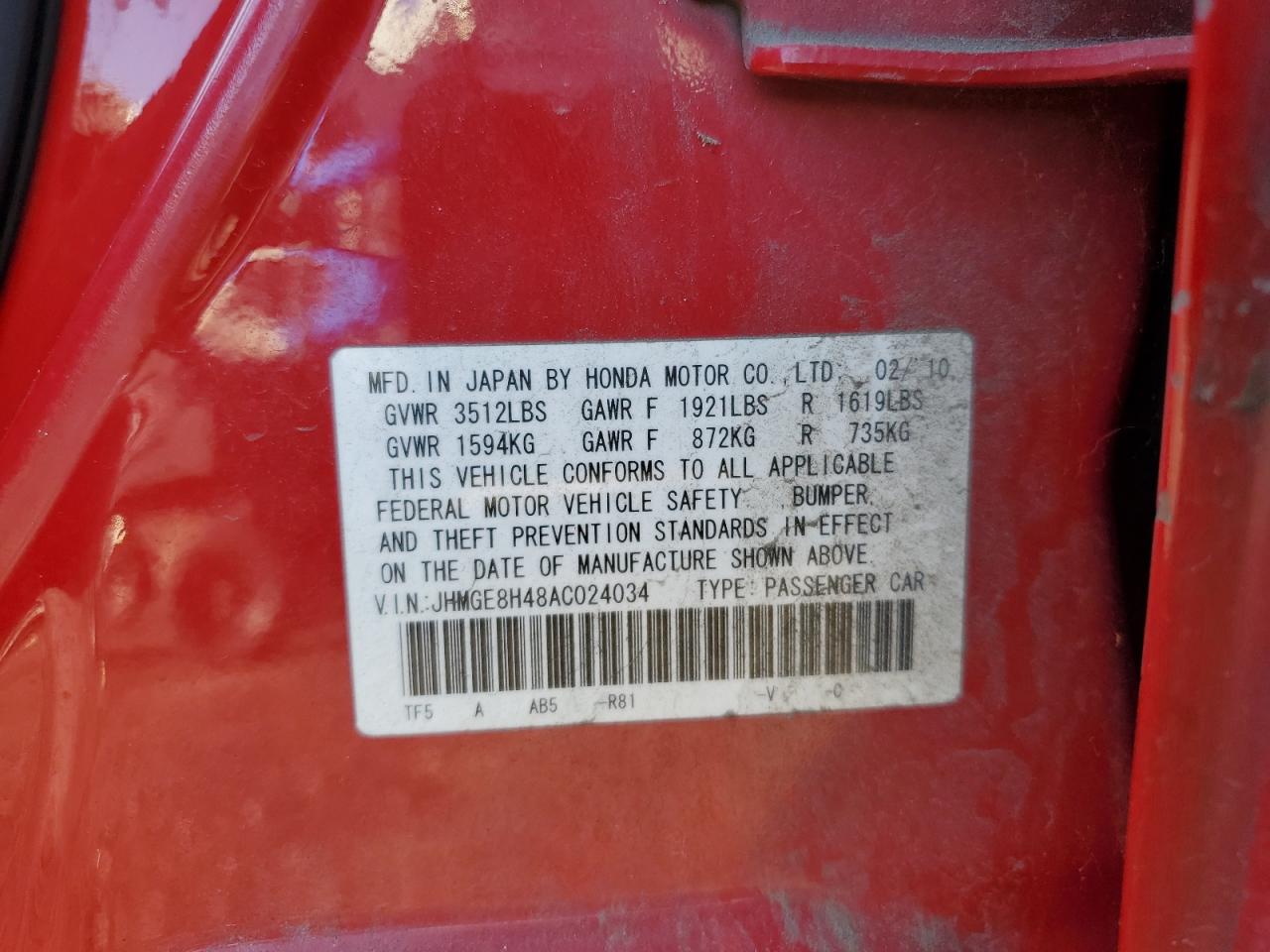 2010 Honda Fit Sport VIN: JHMGE8H48AC024034 Lot: 86141755