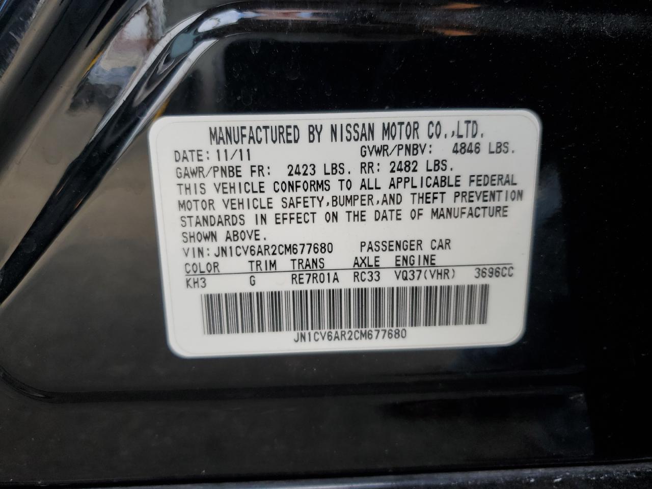 2012 Infiniti G37 VIN: JN1CV6AR2CM677680 Lot: 85652355