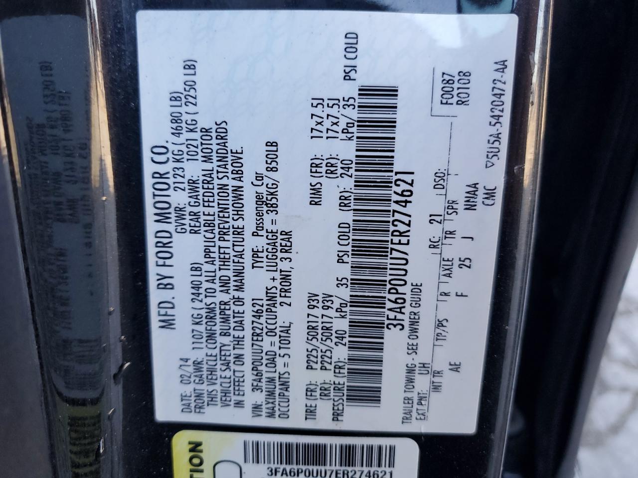 2014 Ford Fusion S Hybrid VIN: 3FA6P0UU7ER274621 Lot: 91011215