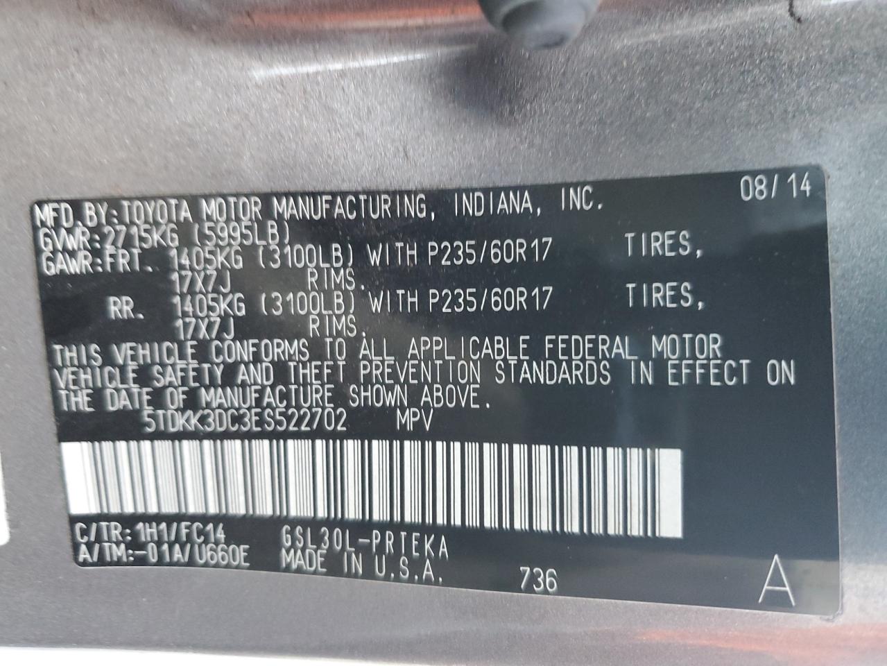 2014 Toyota Sienna Le VIN: 5TDKK3DC3ES522702 Lot: 85198585