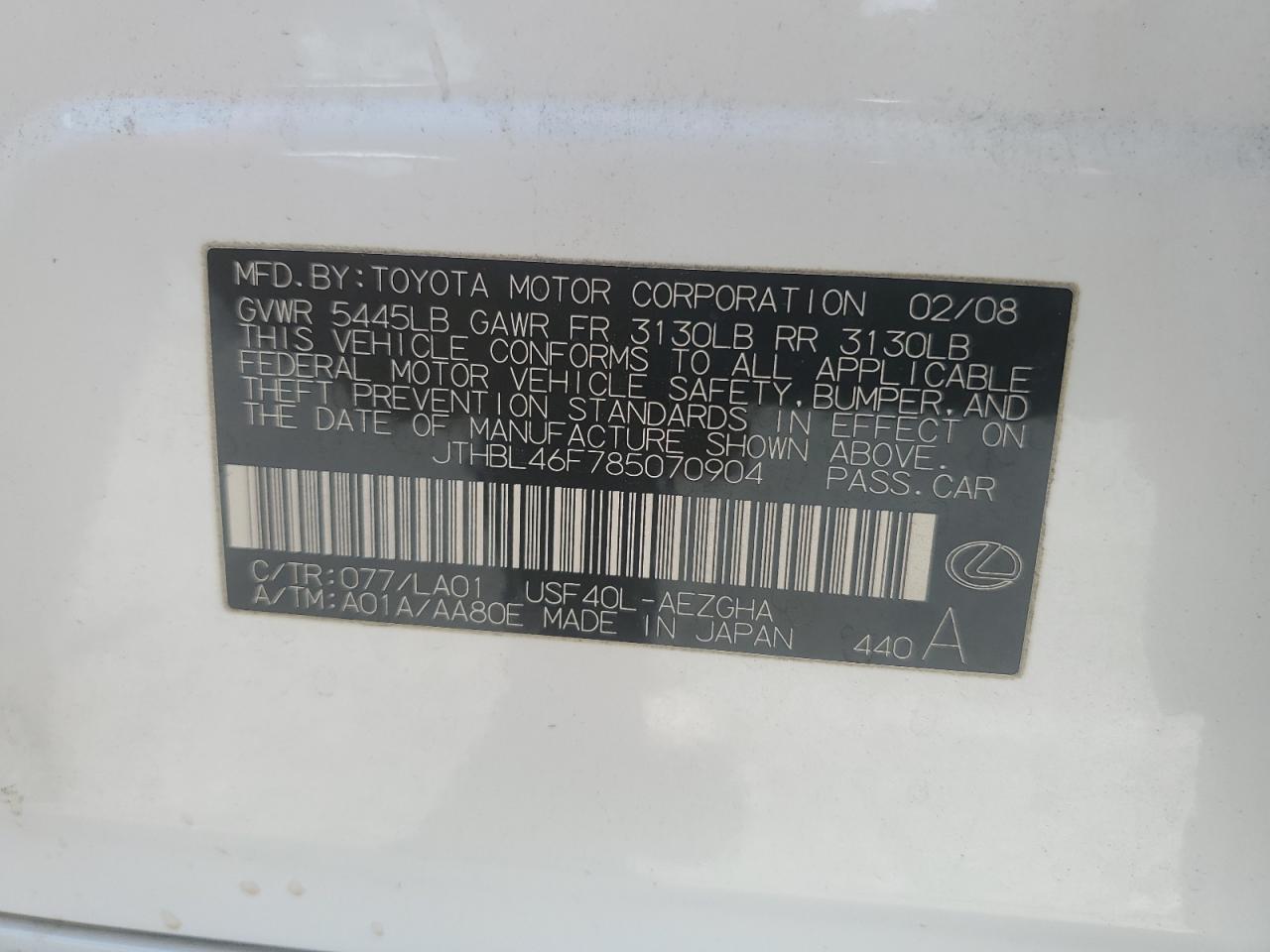 2008 Lexus Ls 460 VIN: JTHBL46F785070904 Lot: 86495915