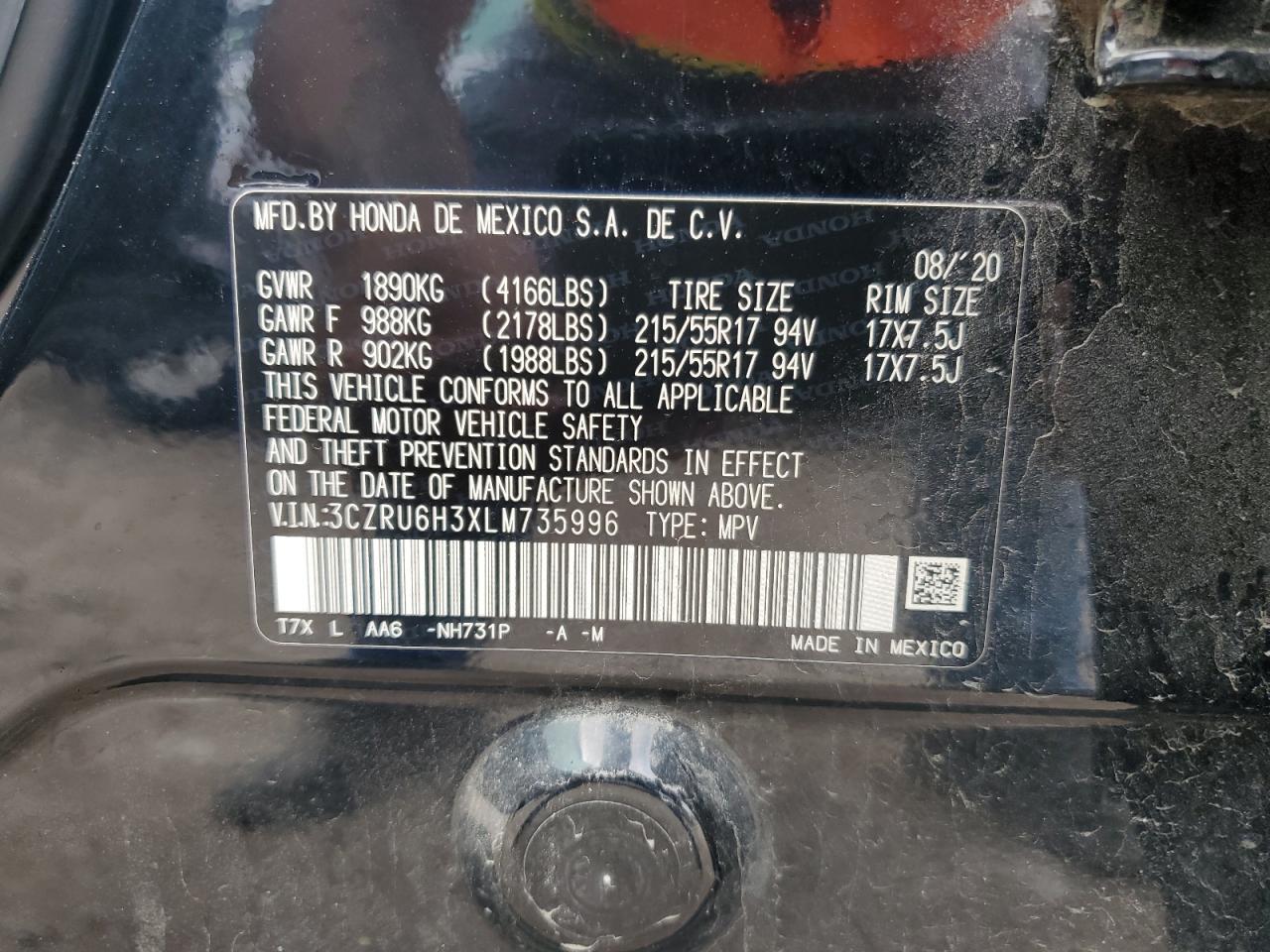 2020 Honda Hr-V Lx VIN: 3CZRU6H3XLM735996 Lot: 82224725