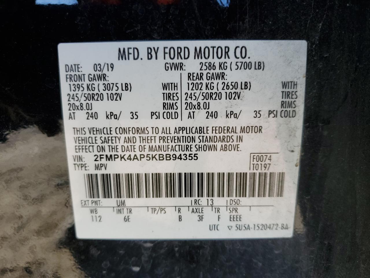 2019 Ford Edge St VIN: 2FMPK4AP5KBB94355 Lot: 86131655