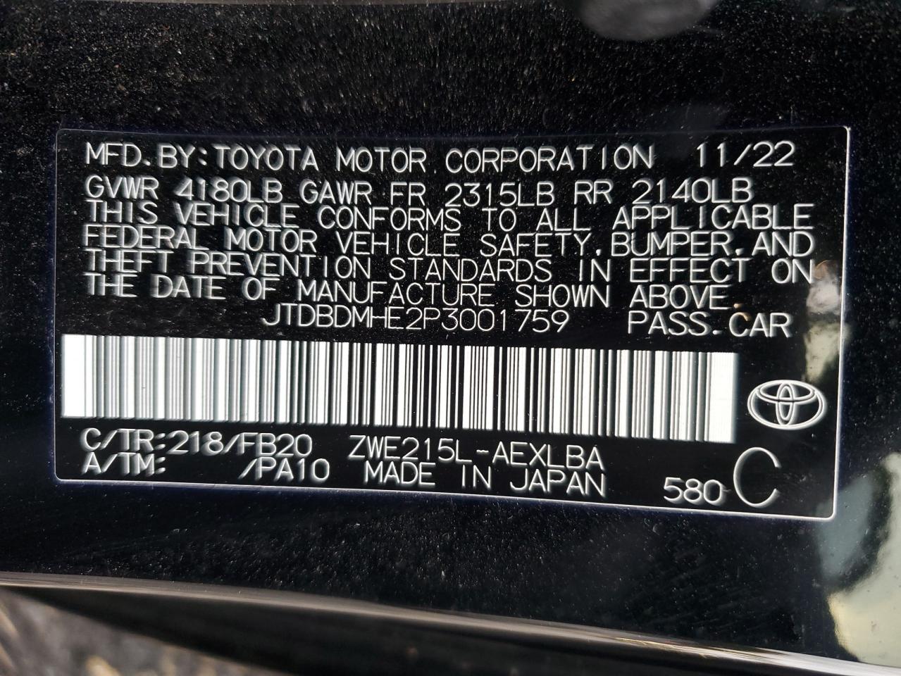 2023 Toyota Corolla Le VIN: JTDBDMHE2P3001759 Lot: 84557115