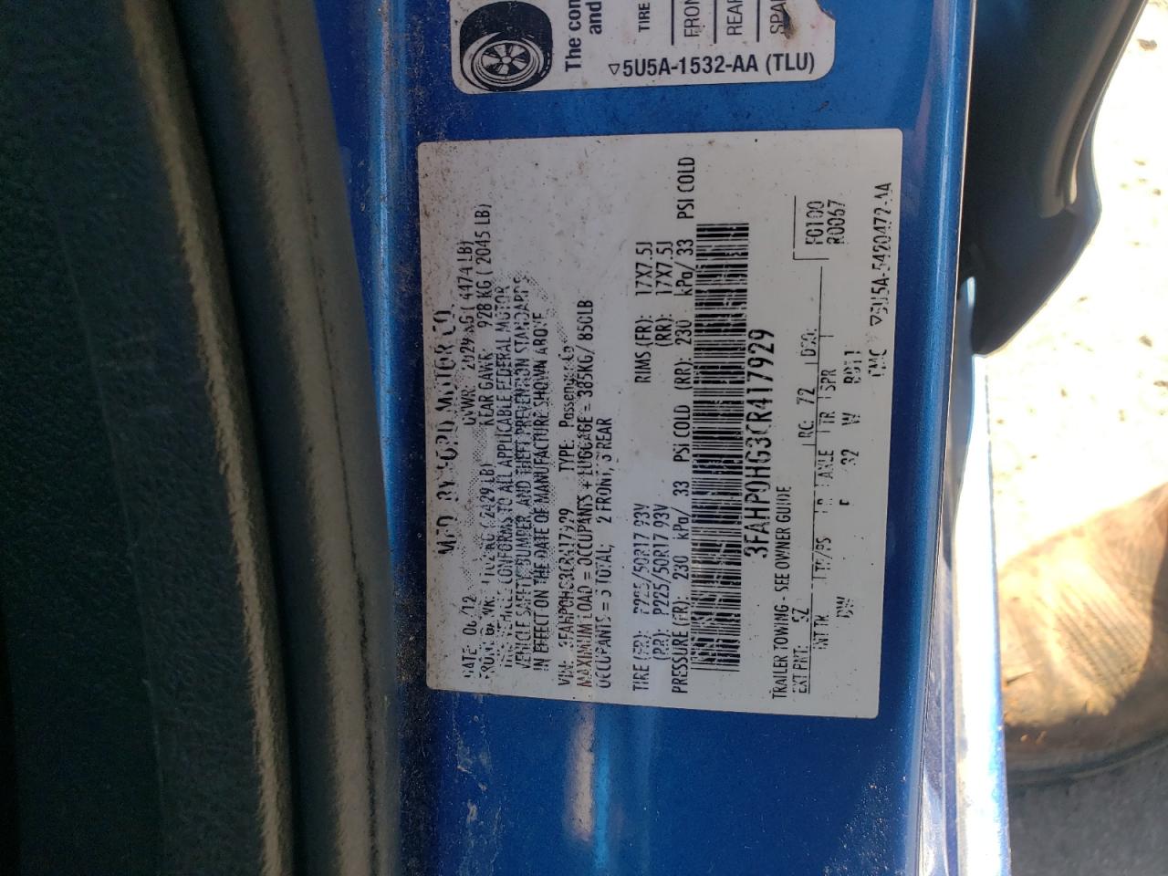 2012 Ford Fusion Se VIN: 3FAHP0HG3CR417929 Lot: 86690355