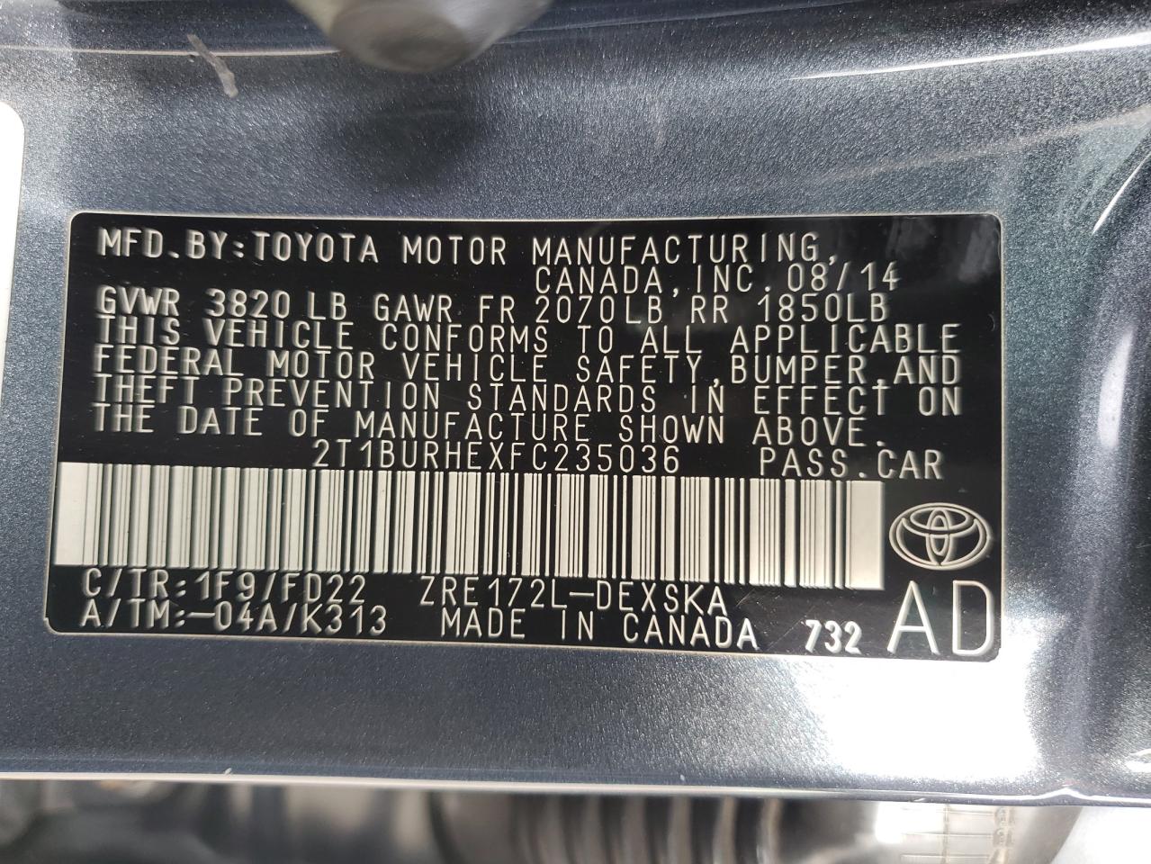 2015 Toyota Corolla L VIN: 2T1BURHEXFC235036 Lot: 86189655