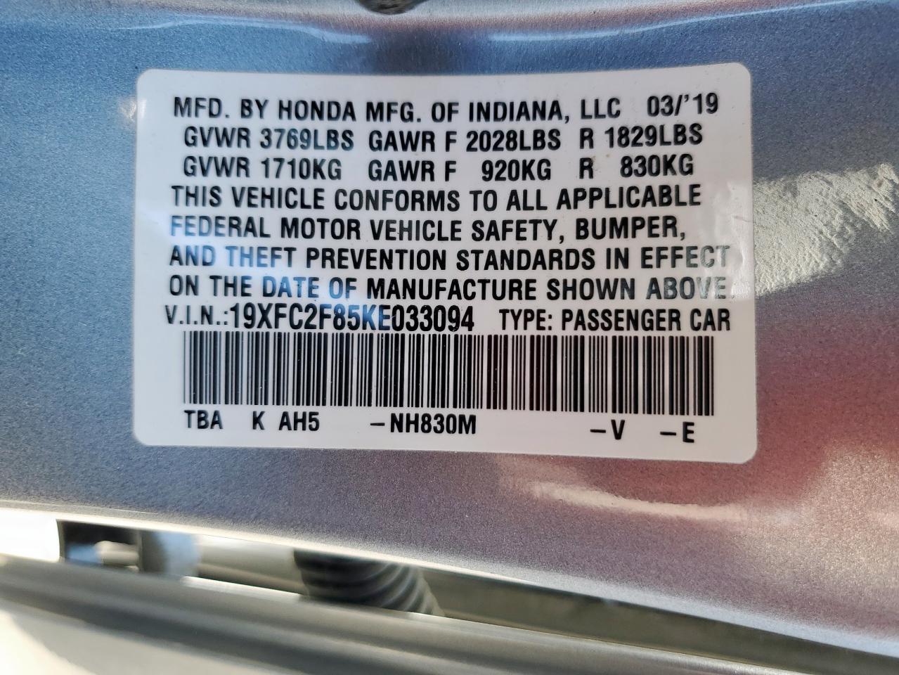 2019 Honda Civic Sport VIN: 19XFC2F85KE033094 Lot: 86501245