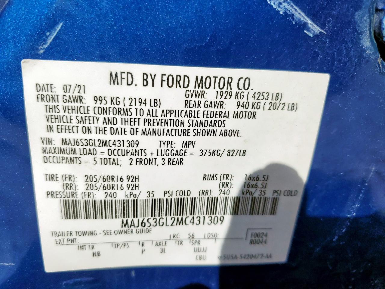 2021 Ford Ecosport Se VIN: MAJ6S3GL2MC431309 Lot: 85278595