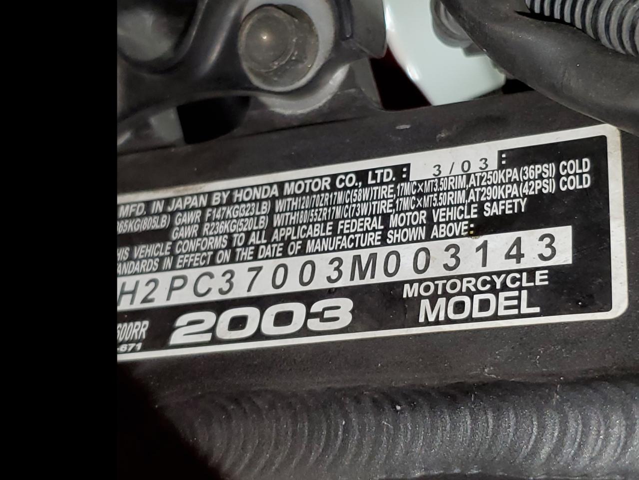 2003 Honda Cbr600 Rr VIN: JH2PC37003M003143 Lot: 85730155