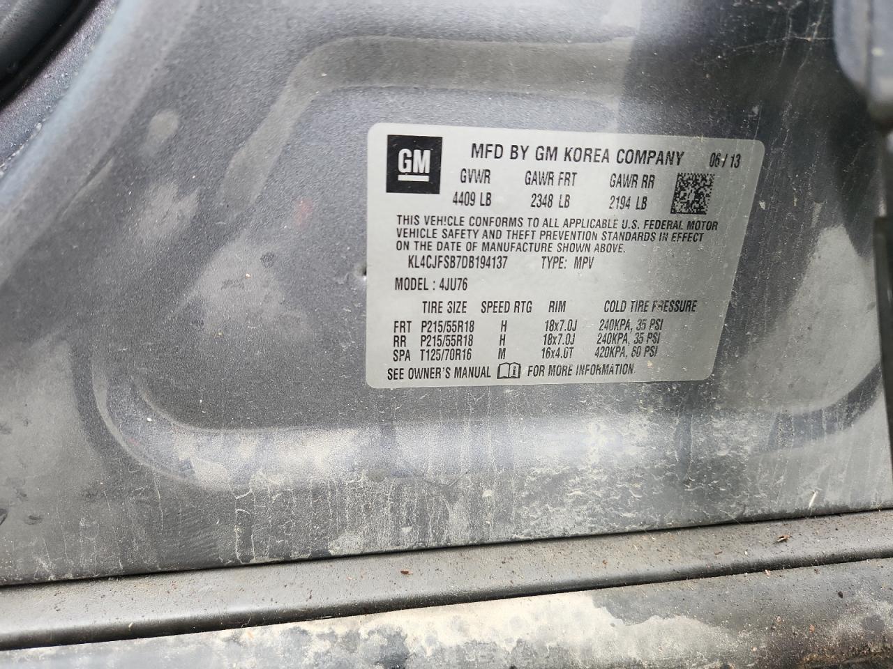 2013 Buick Encore Convenience VIN: KL4CJFSB7DB194137 Lot: 85682725