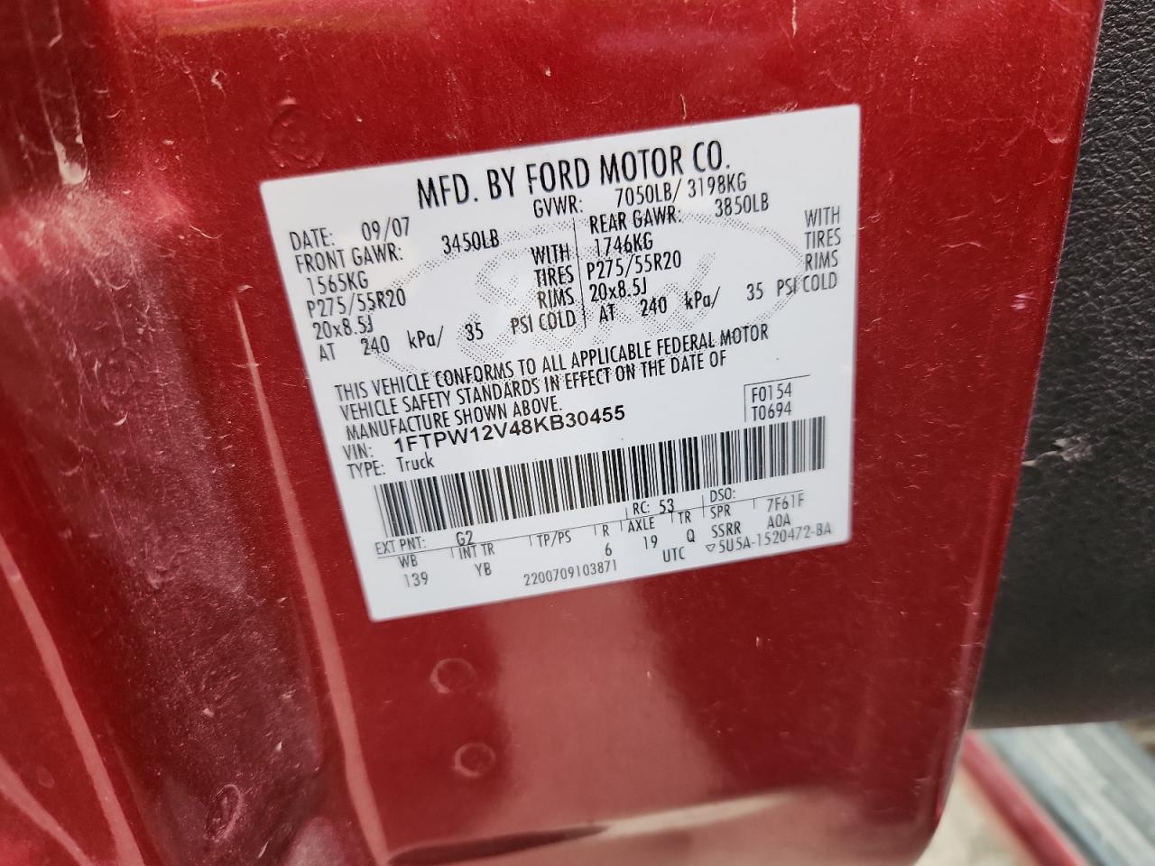 2008 Ford F150 Supercrew VIN: 1FTPW12V48KB30455 Lot: 87298055