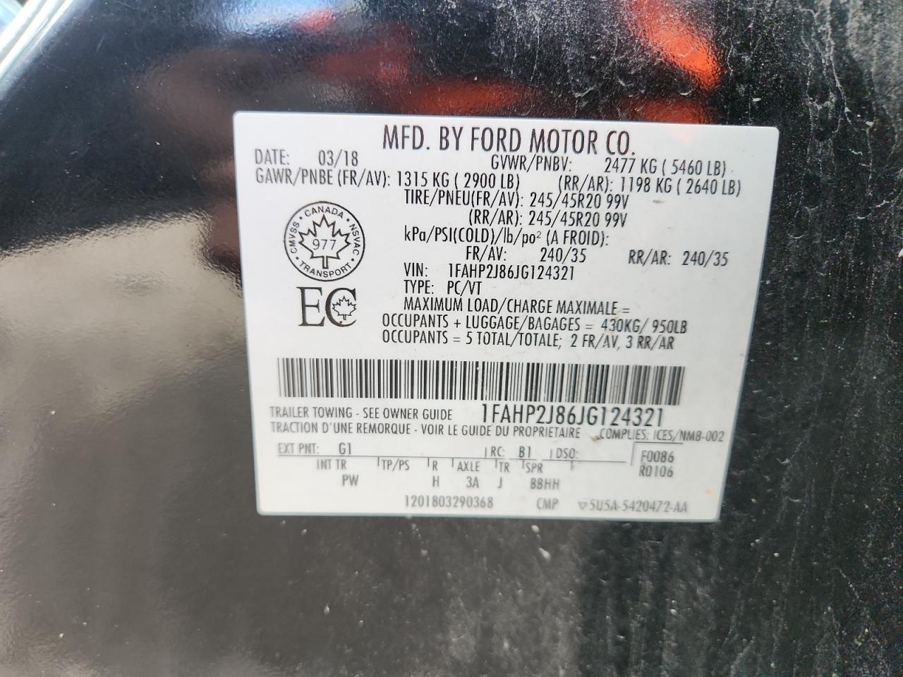 2018 Ford Taurus Limited VIN: 1FAHP2J86JG124321 Lot: 84725085