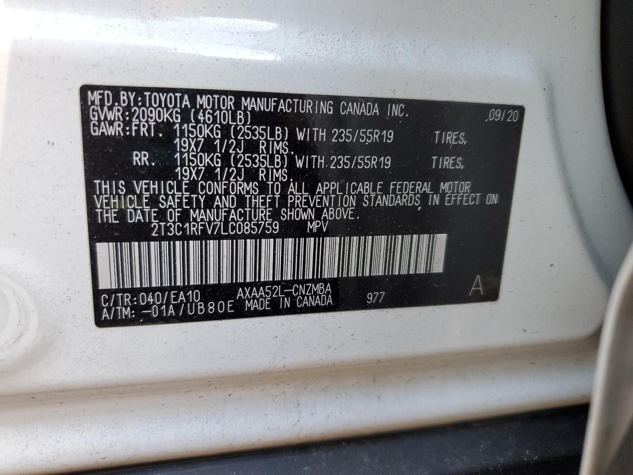 2020 Toyota Rav4 Xle Premium VIN: 2T3C1RFV7LC085759 Lot: 82185865