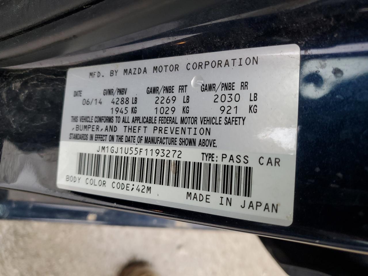 2015 Mazda 6 Sport VIN: JM1GJ1U55F1193272 Lot: 85783005