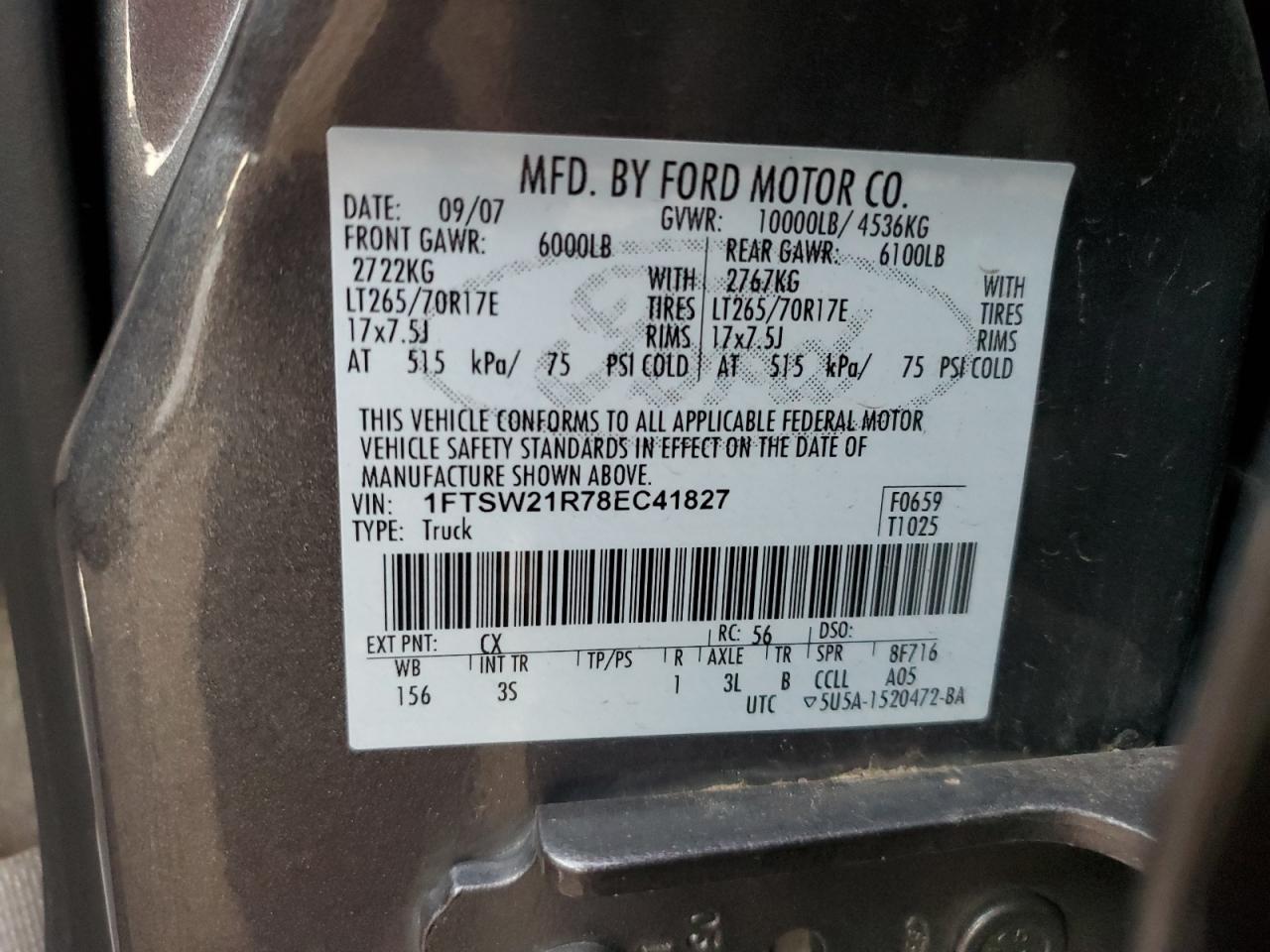 2008 Ford F250 Super Duty VIN: 1FTSW21R78EC41827 Lot: 85122325