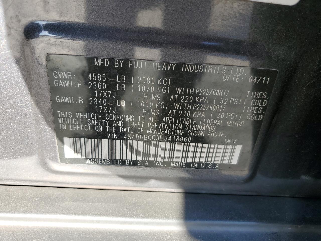 2011 Subaru Outback 2.5I Premium VIN: 4S4BRBGC3B3418060 Lot: 86868615