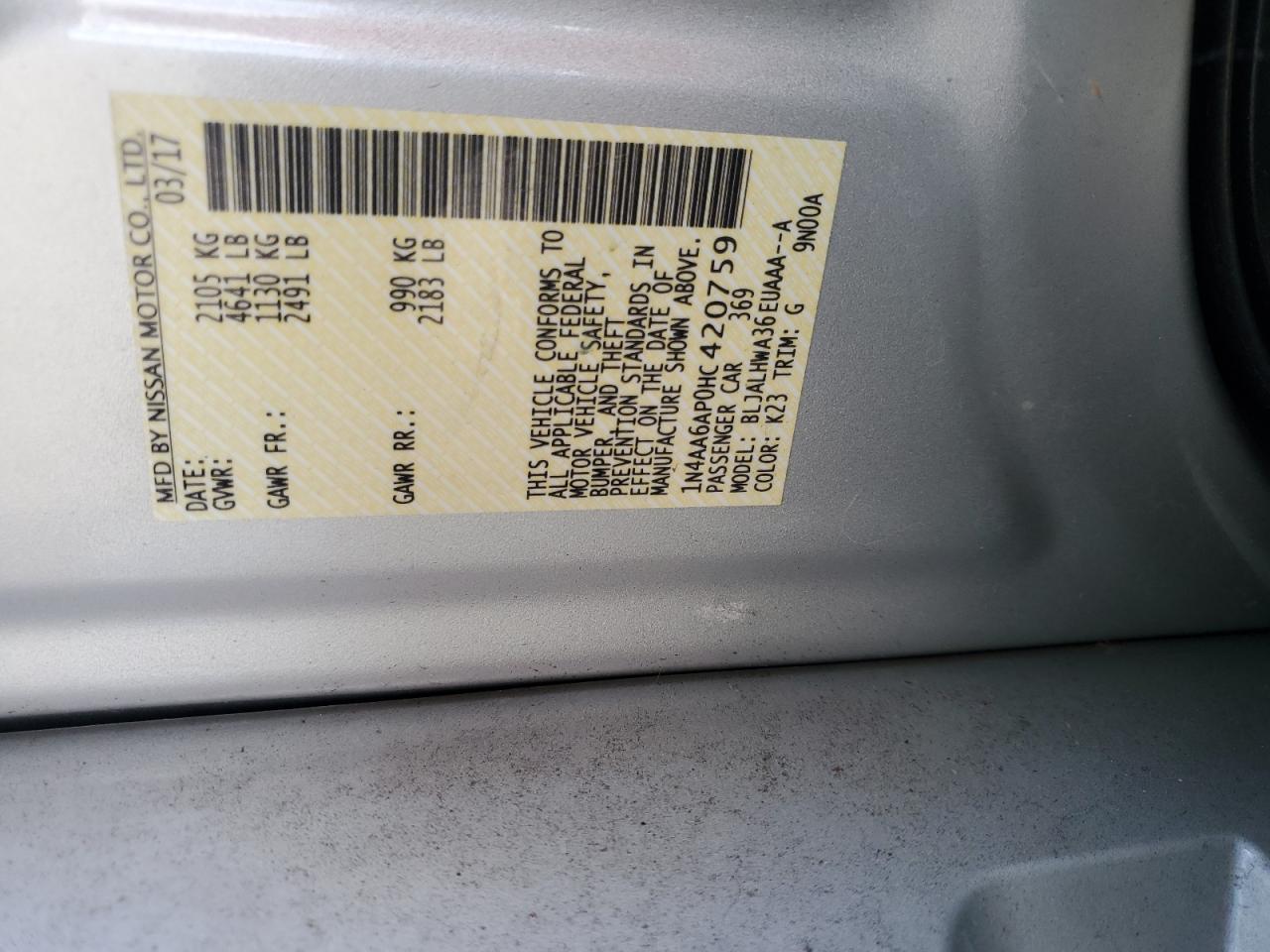 2017 Nissan Maxima 3.5S VIN: 1N4AA6AP0HC420759 Lot: 86052105