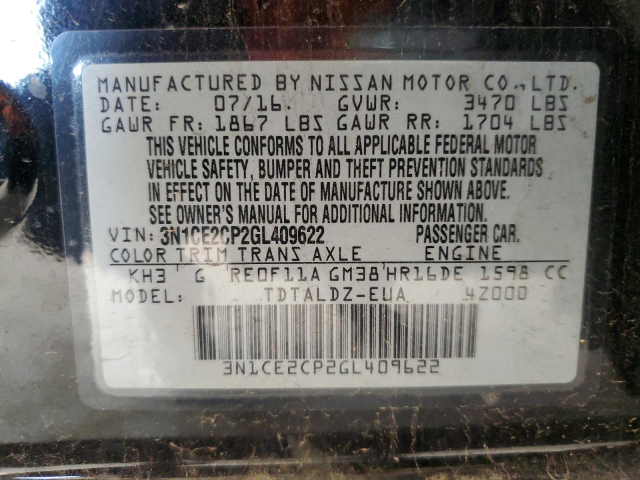 2016 Nissan Versa Note S VIN: 3N1CE2CP2GL409622 Lot: 85874955
