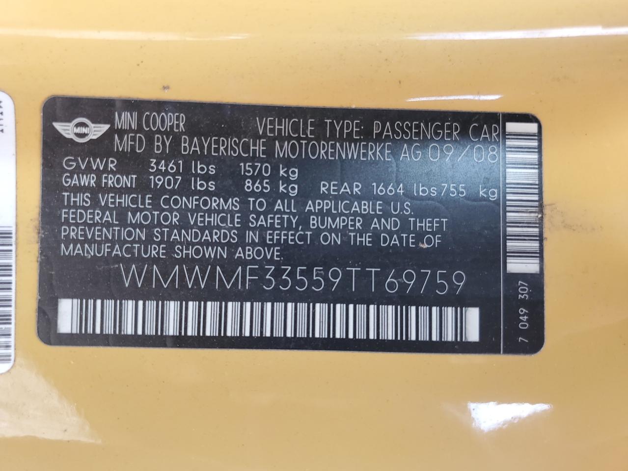 2009 Mini Cooper VIN: WMWMF33559TT69759 Lot: 85384565