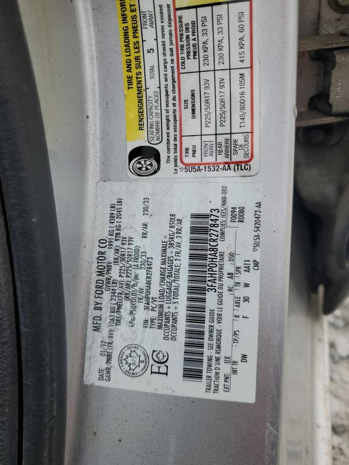 2012 Ford Fusion Se VIN: 3FAHP0HA8CR278473 Lot: 90649985