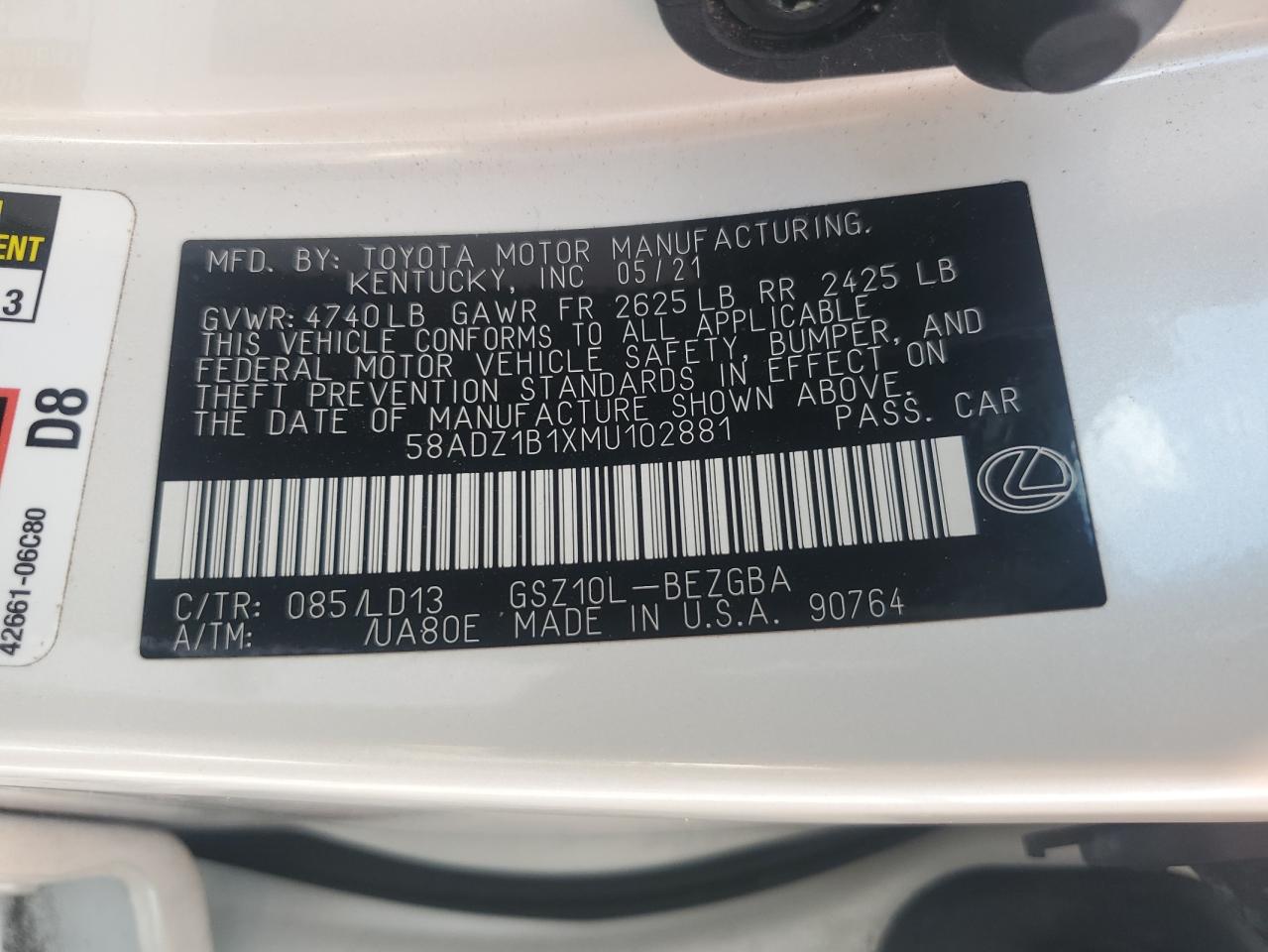 2021 Lexus Es 350 Base VIN: 58ADZ1B1XMU102881 Lot: 84071725