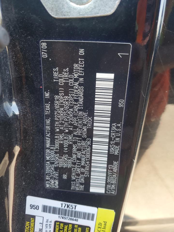 2008 Toyota Tundra Double Cab VIN: 5TFRV54138X067963 Lot: 81945485